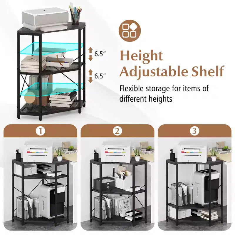 Corner Printer Stand with Charging Station Adjustable Metal Mesh Shelf Black/Brown/White