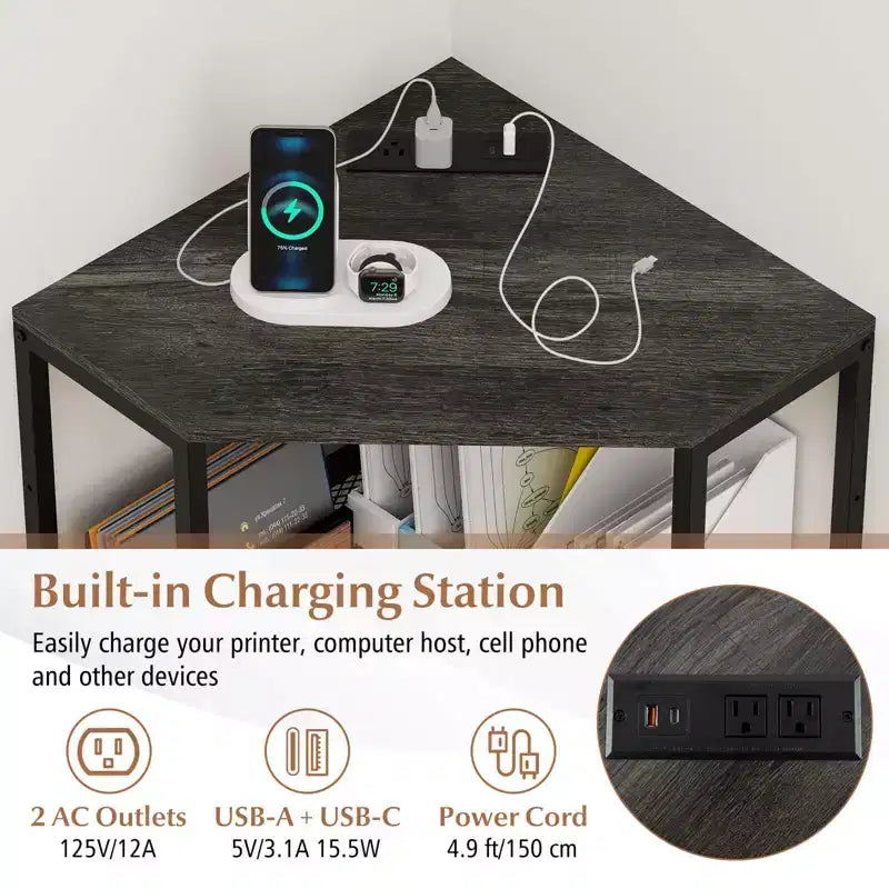 Corner Printer Stand with Charging Station Adjustable Metal Mesh Shelf Black/Brown/White