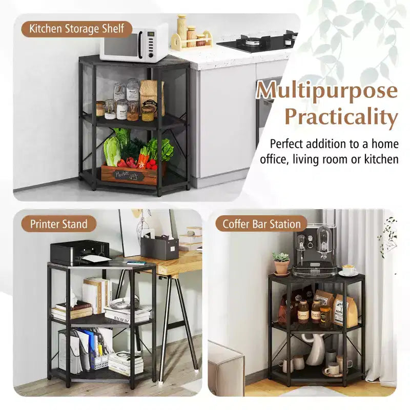 Corner Printer Stand with Charging Station Adjustable Metal Mesh Shelf Black/Brown/White