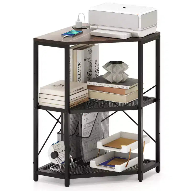 Corner Printer Stand with Charging Station Adjustable Metal Mesh Shelf Black/Brown/White