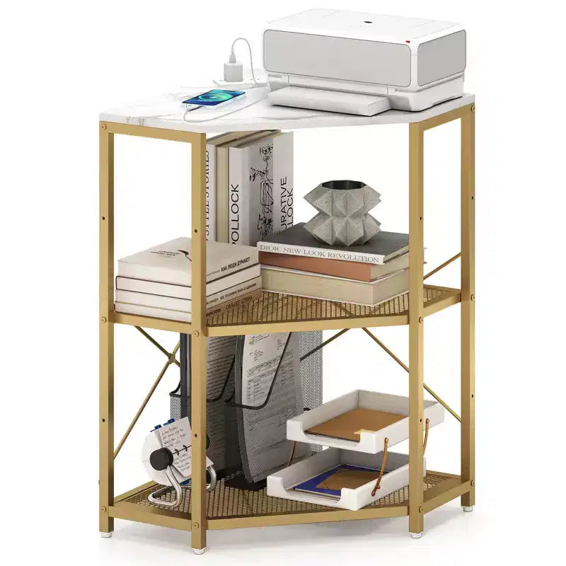 Corner Printer Stand with Charging Station Adjustable Metal Mesh Shelf Black/Brown/White