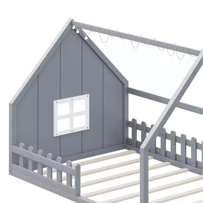 Full Size Wood House Bed with Window and Fence