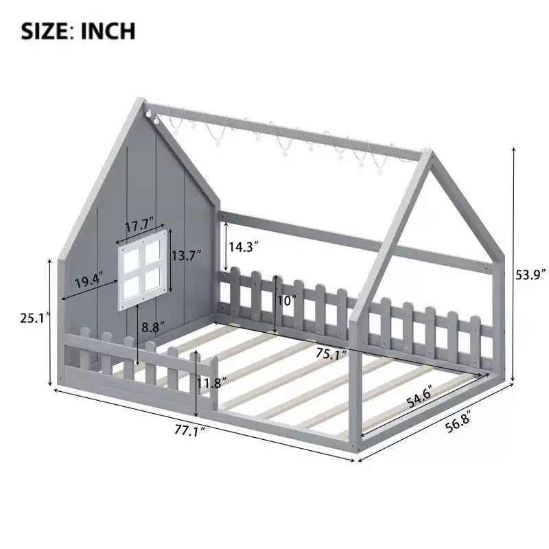 Full Size Wood House Bed with Window and Fence