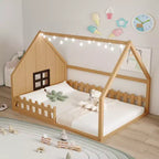 Full Size Wood House Bed with Window and Fence