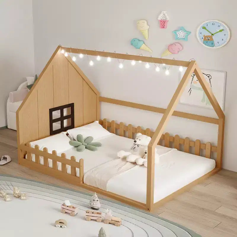 Full Size Wood House Bed with Window and Fence