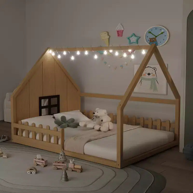 Full Size Wood House Bed with Window and Fence