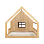 Full Size Wood House Bed with Window and Fence