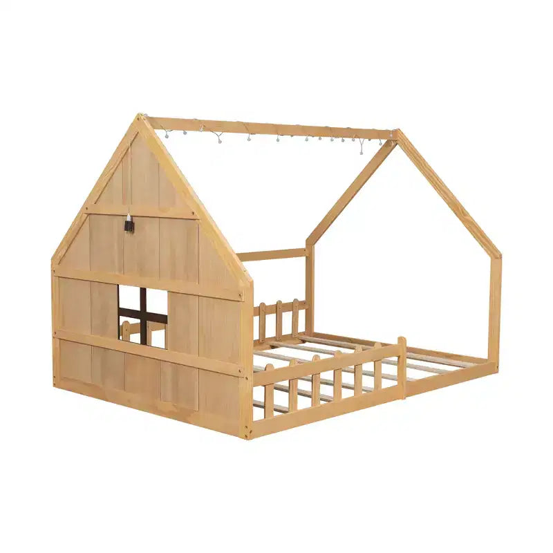 Full Size Wood House Bed with Window and Fence