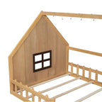 Full Size Wood House Bed with Window and Fence