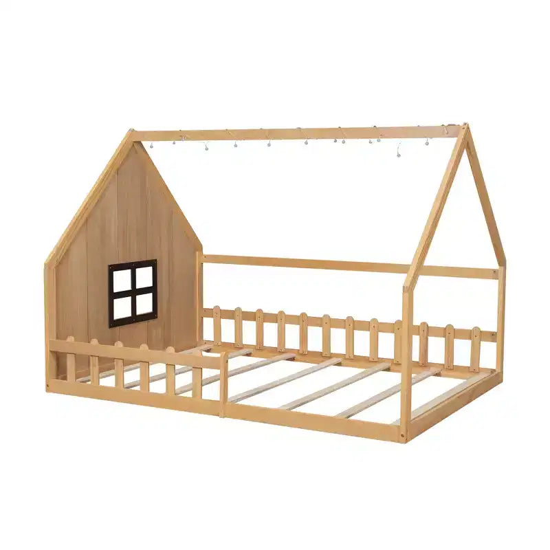 Full Size Wood House Bed with Window and Fence