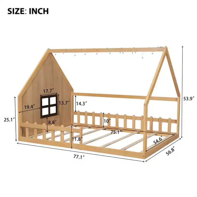 Full Size Wood House Bed with Window and Fence