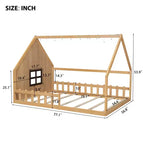 Full Size Wood House Bed with Window and Fence