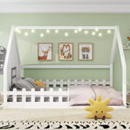 Full Size Wood House Bed with Window and Fence