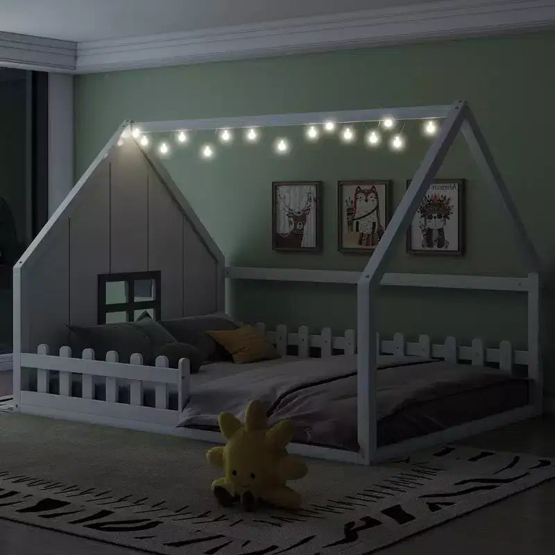 Full Size Wood House Bed with Window and Fence