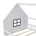 Full Size Wood House Bed with Window and Fence