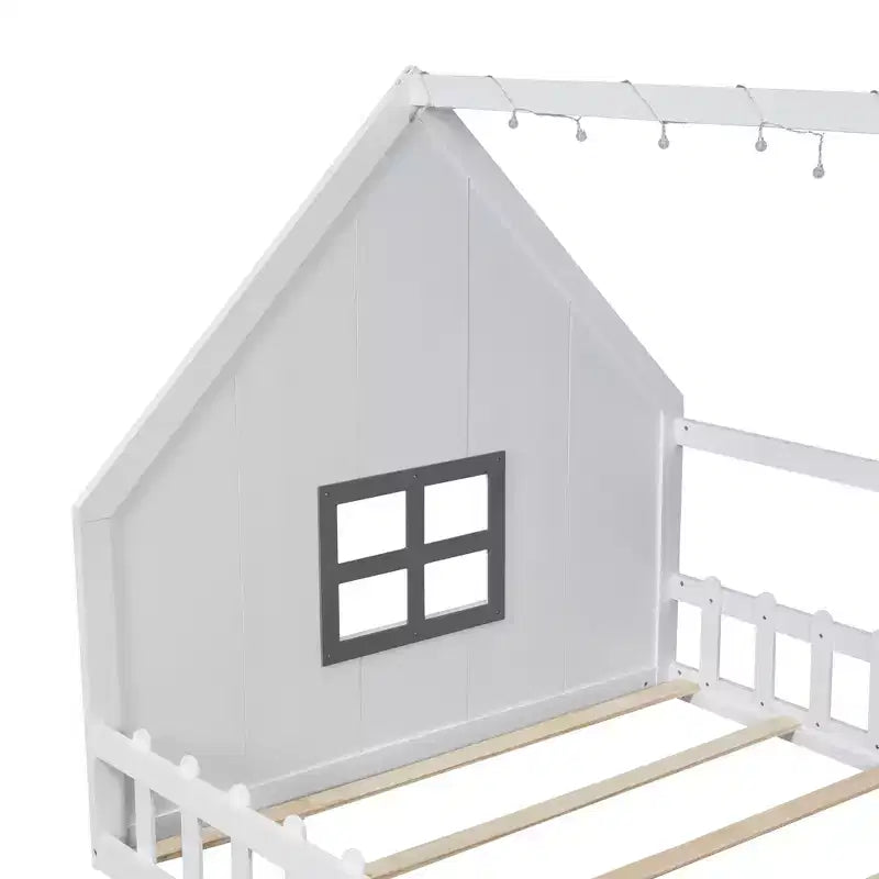 Full Size Wood House Bed with Window and Fence