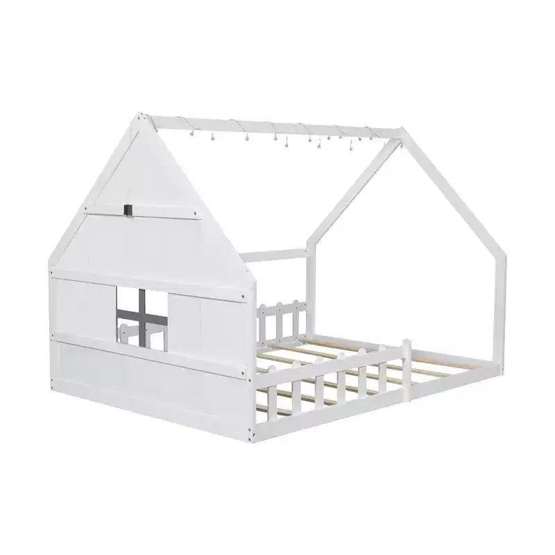 Full Size Wood House Bed with Window and Fence
