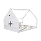 Full Size Wood House Bed with Window and Fence