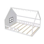 Full Size Wood House Bed with Window and Fence