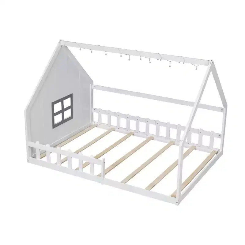 Full Size Wood House Bed with Window and Fence