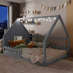 Full Size Wood House Bed with Window and Fence