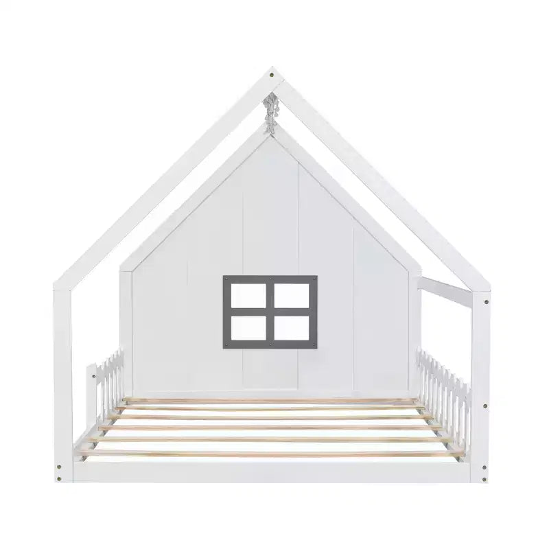 Full Size Wood House Bed with Window and Fence