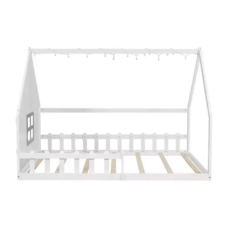 Full Size Wood House Bed with Window and Fence