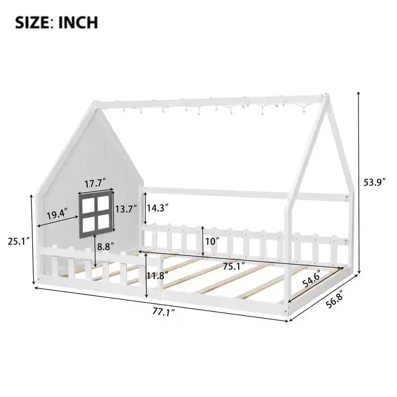 Full Size Wood House Bed with Window and Fence