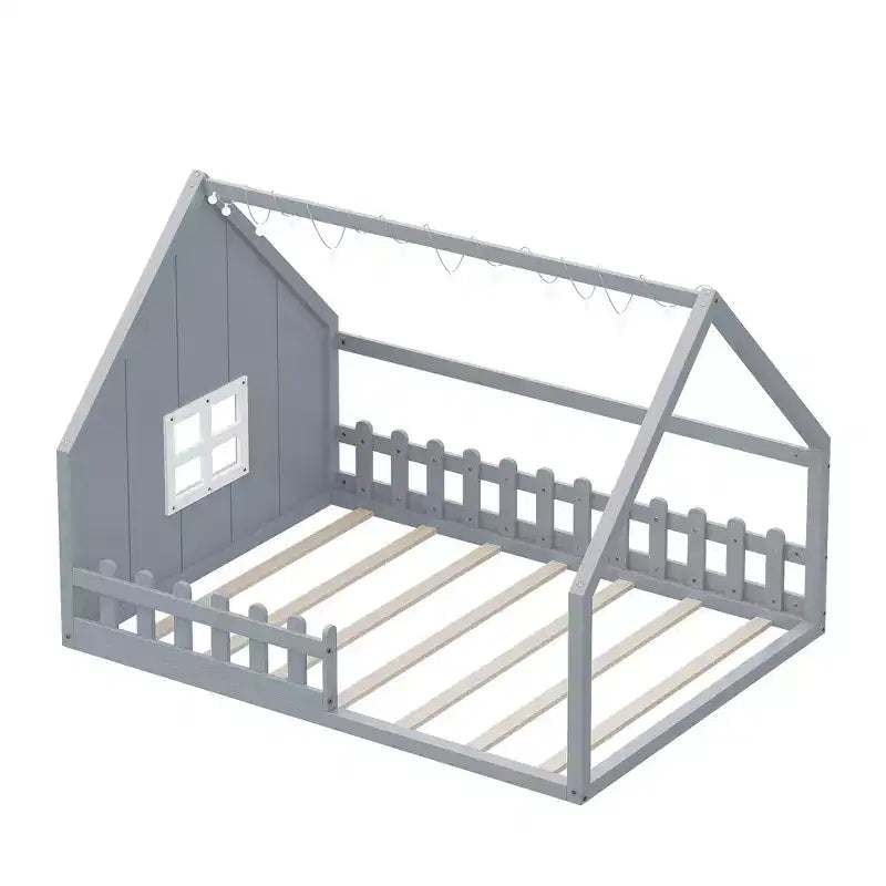 Full Size Wood House Bed with Window and Fence