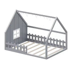 Full Size Wood House Bed with Window and Fence