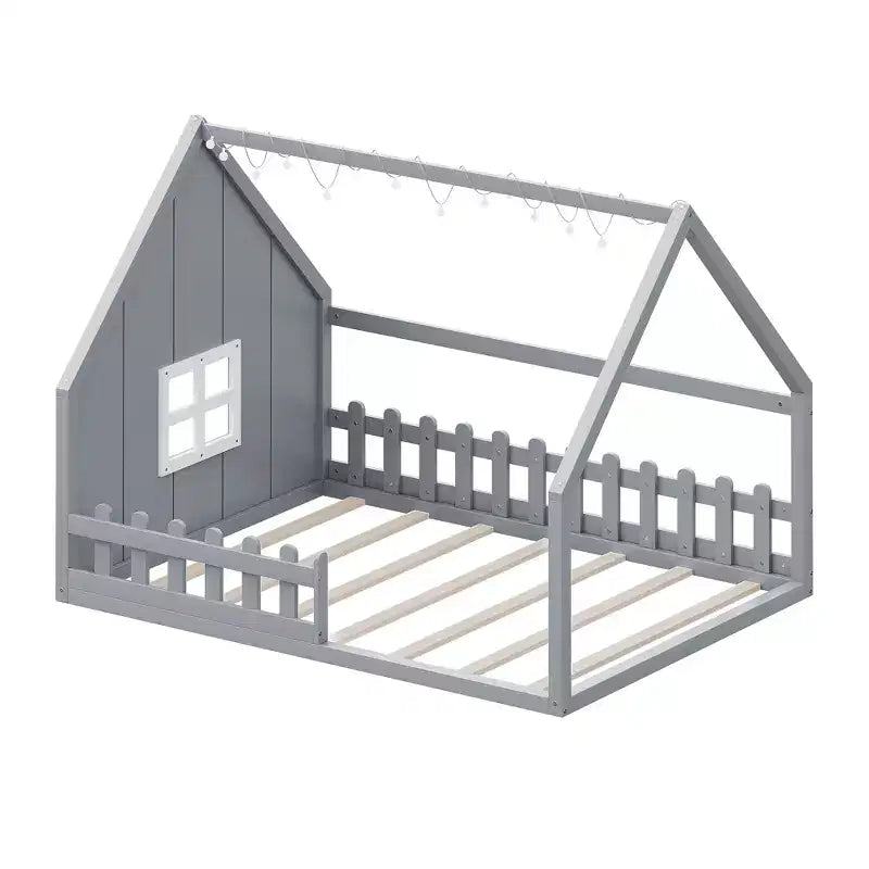 Full Size Wood House Bed with Window and Fence