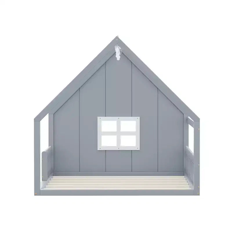 Full Size Wood House Bed with Window and Fence
