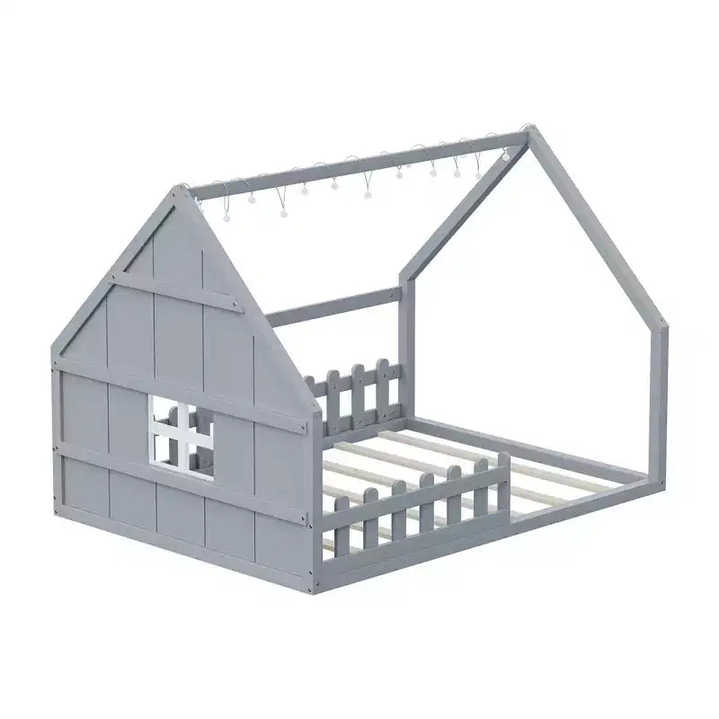 Full Size Wood House Bed with Window and Fence
