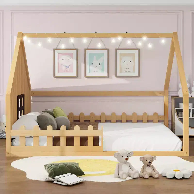 Full Size Wood House Bed with Window and Fence