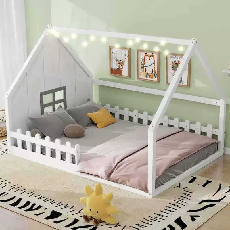 Full Size Wood House Bed with Window and Fence