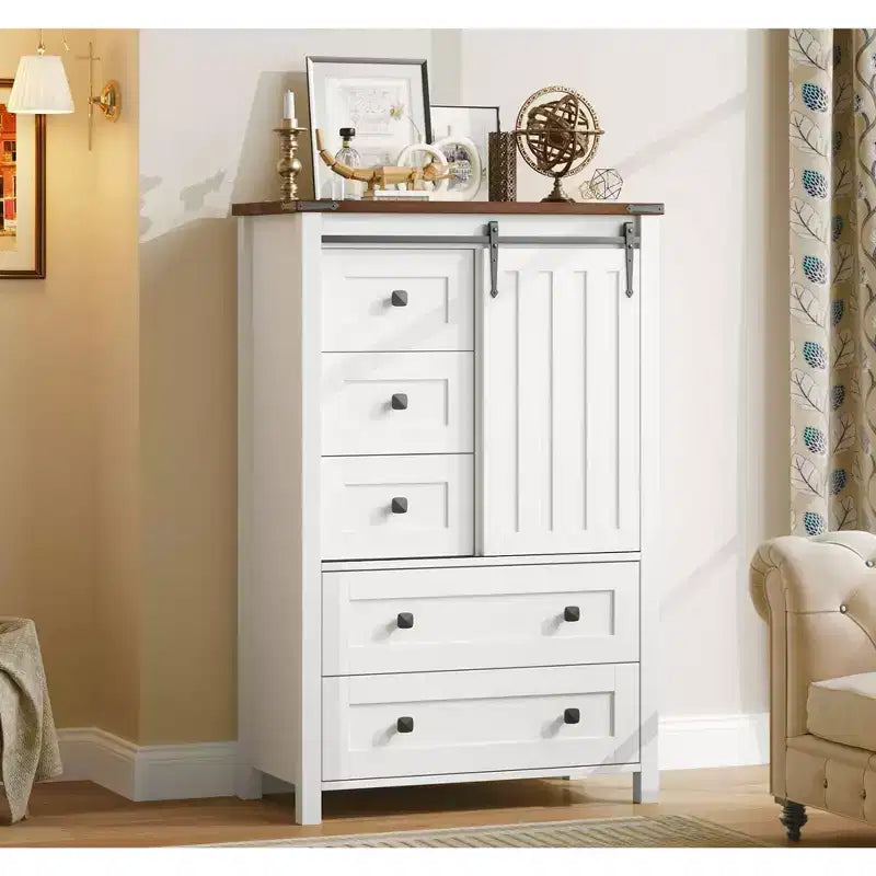 Farmhouse 5 Drawer Dresser for Bedroom, 48 Tall Wood Dresser Chest of Drawer with Sliding Barn Door, Storage Organizer