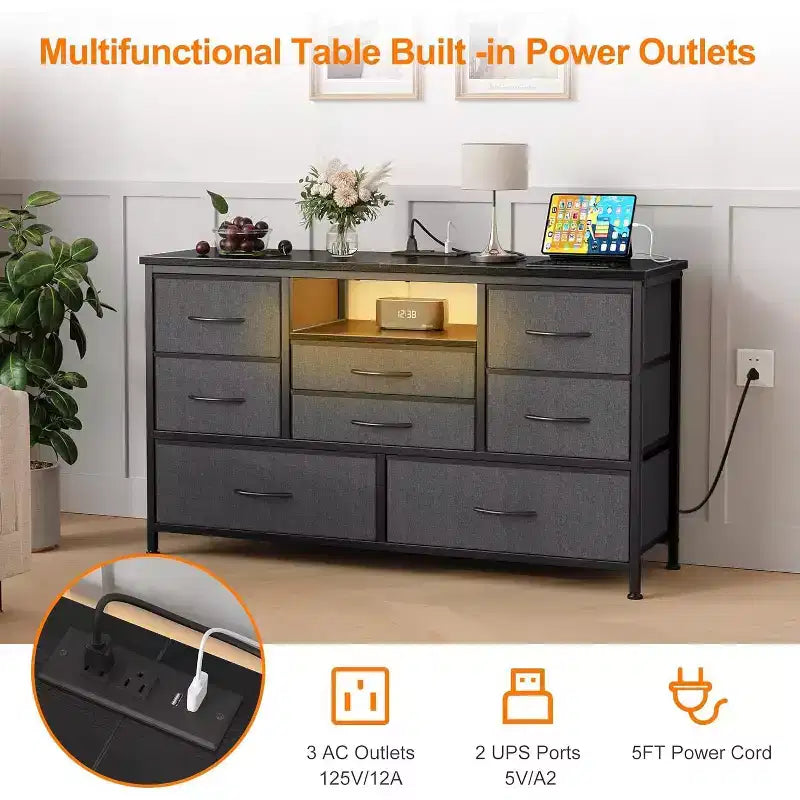 47.4-inch TV Stand with 8 Drawers, RGB Smart Light Strip, Dual Power Outlets, Suitable for Multiple Scenarios