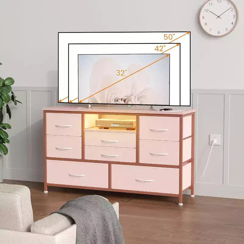 47.4-inch TV Stand with 8 Drawers, RGB Smart Light Strip, Dual Power Outlets, Suitable for Multiple Scenarios