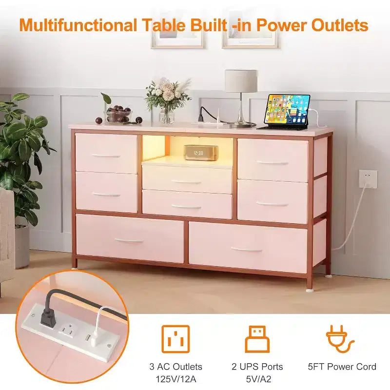 47.4-inch TV Stand with 8 Drawers, RGB Smart Light Strip, Dual Power Outlets, Suitable for Multiple Scenarios