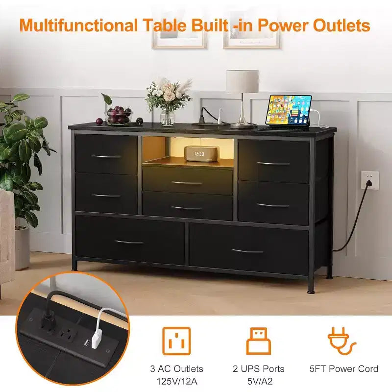 47.4-inch TV Stand with 8 Drawers, RGB Smart Light Strip, Dual Power Outlets, Suitable for Multiple Scenarios