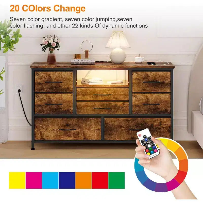 47.4-inch TV Stand with 8 Drawers, RGB Smart Light Strip, Dual Power Outlets, Suitable for Multiple Scenarios