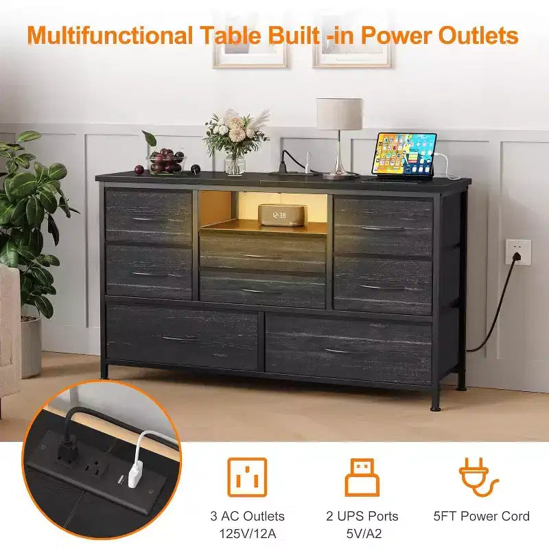 47.4-inch TV Stand with 8 Drawers, RGB Smart Light Strip, Dual Power Outlets, Suitable for Multiple Scenarios