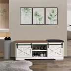 47 White Shoe Bench with Sliding Doors & Cushion, Farmhouse Entryway Storage Bench with Hidden Compartment and Adjustable Shelves