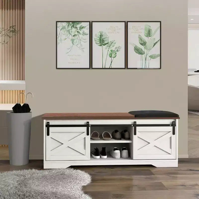47 White Shoe Bench with Sliding Doors & Cushion, Farmhouse Entryway Storage Bench with Hidden Compartment and Adjustable Shelves