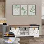 47 White Shoe Bench with Sliding Doors & Cushion, Farmhouse Entryway Storage Bench with Hidden Compartment and Adjustable Shelves