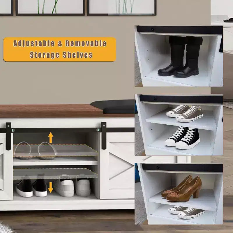 47 White Shoe Bench with Sliding Doors & Cushion, Farmhouse Entryway Storage Bench with Hidden Compartment and Adjustable Shelves