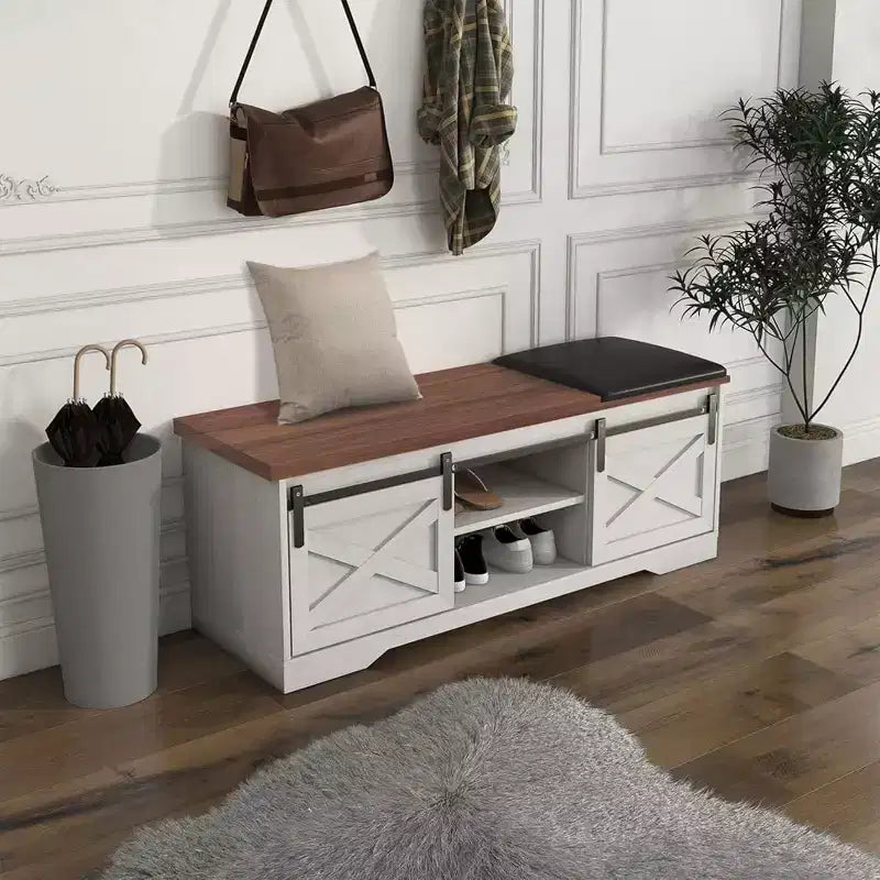 47 White Shoe Bench with Sliding Doors & Cushion, Farmhouse Entryway Storage Bench with Hidden Compartment and Adjustable Shelves
