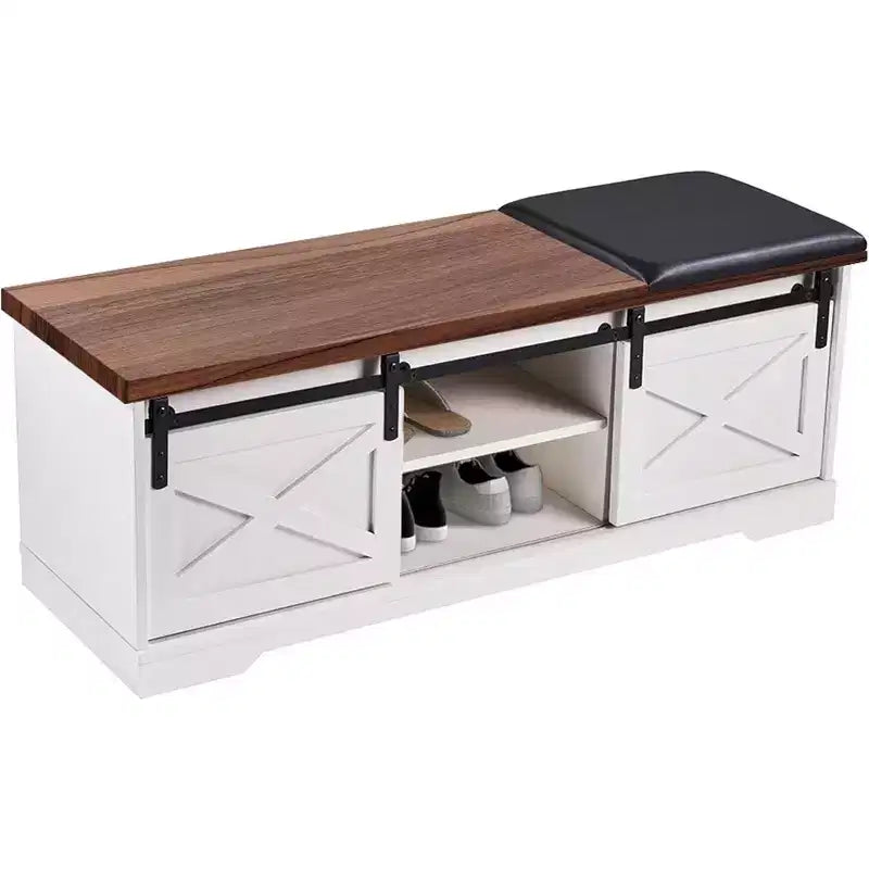 47 White Shoe Bench with Sliding Doors & Cushion, Farmhouse Entryway Storage Bench with Hidden Compartment and Adjustable Shelves