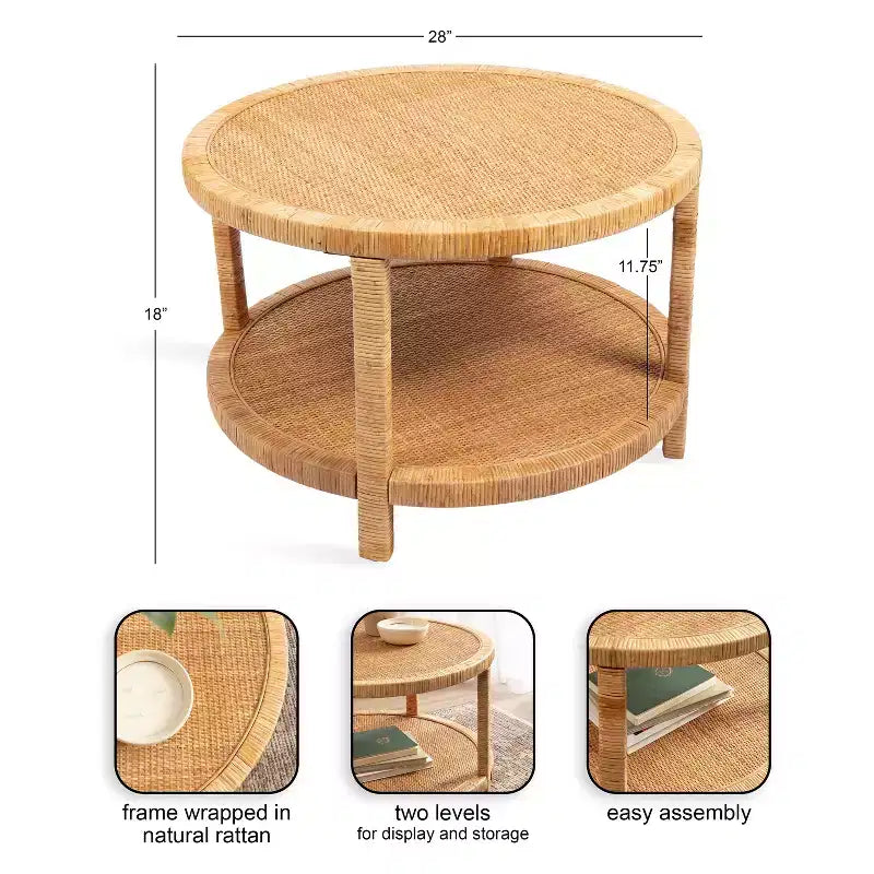 Rattan Round Coffee Table, 28x28x18, Natural