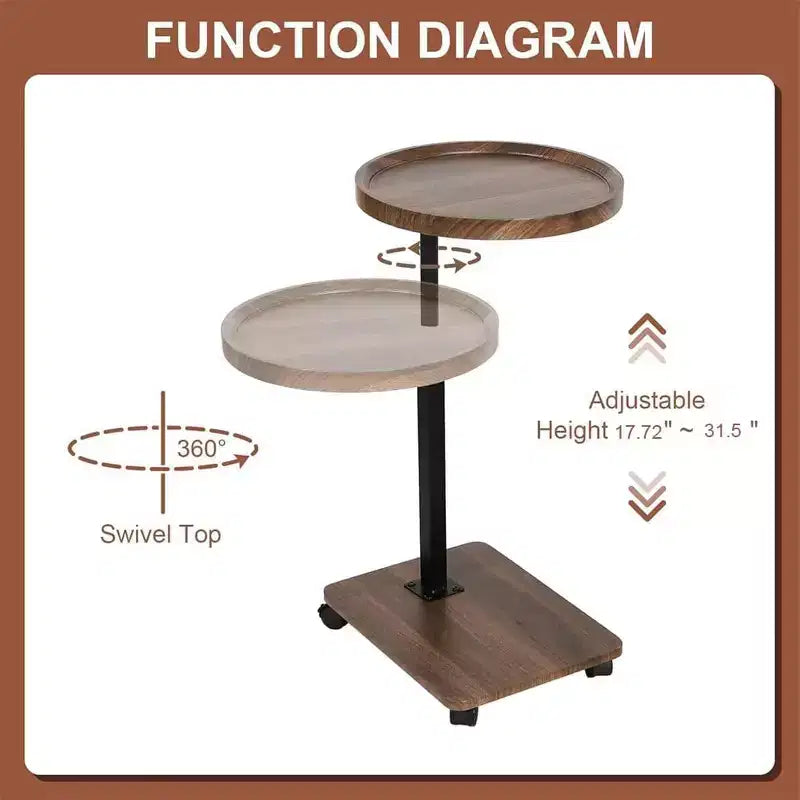 Adjustable Height C-Shaped Mobile Side Table with Wheels for Living Room Bedroom